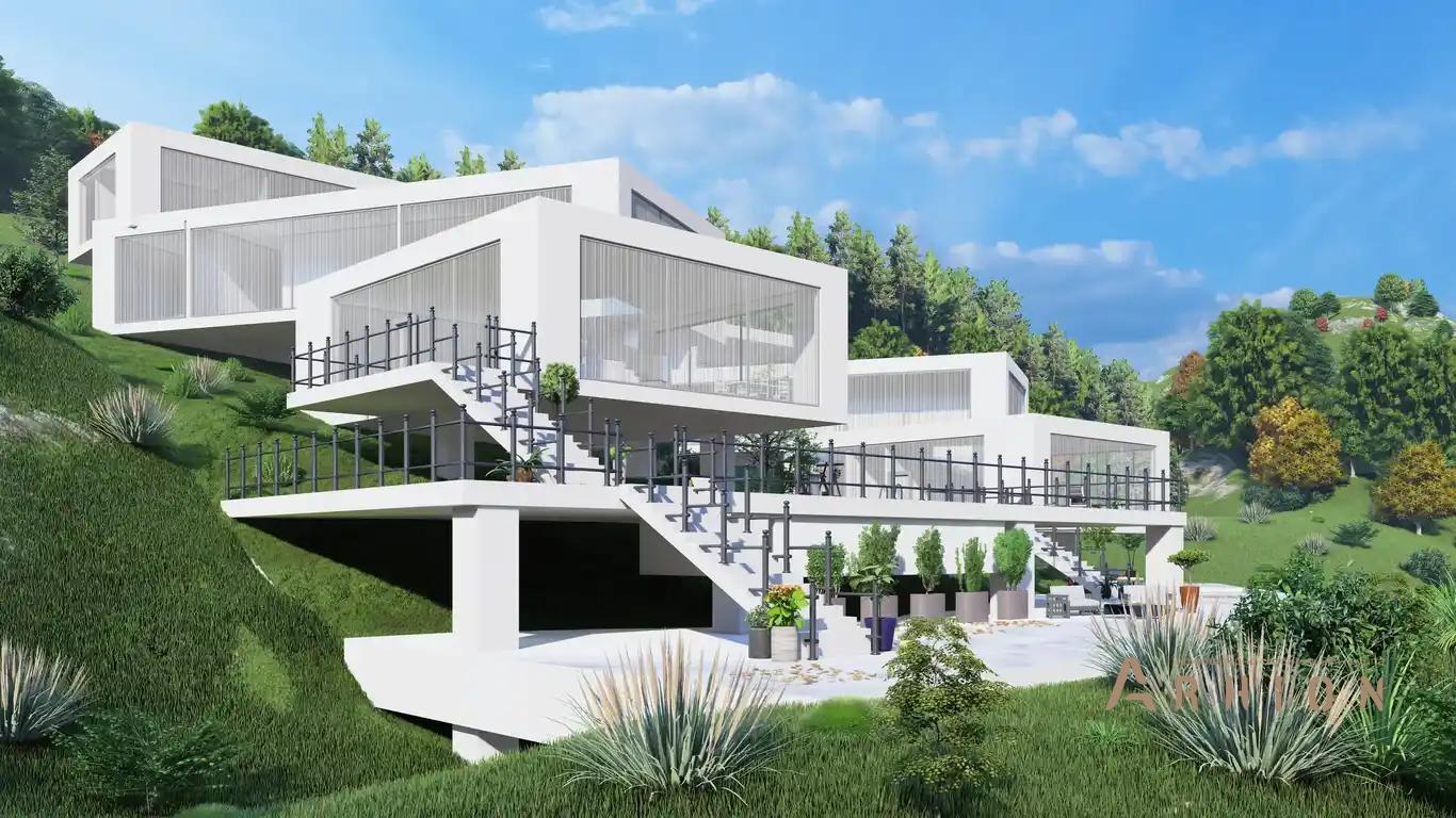 8. Проект трехэтажного дома в стиле хай-тек с плоской кровлей , h-1609, площадью - 750 кв c терассой